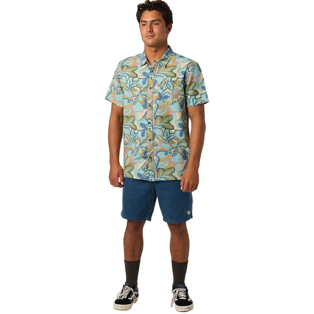 O'Neill OG Cord Elastic Waist 18" Shorts in blue fusion colourway on model in floral shirt