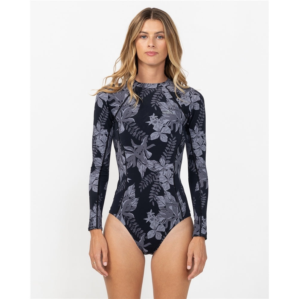 O'Neill Women's Laney Back Zip Surfsuit in tropic noir floral from the front close up