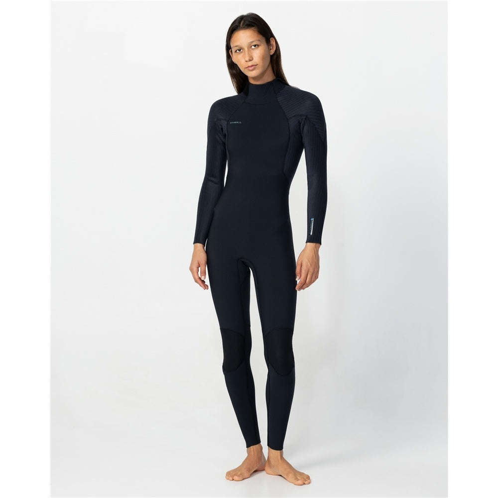O'Neill Hyperfreak 4/3+mm Womens Back Zip Wetsuit in black on woman from front on a slight angle