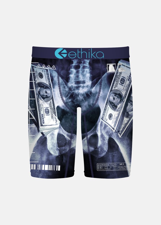 Ethika Boys Racks On Me Staple Boxers with x-ray image of pelvis and money from the front
