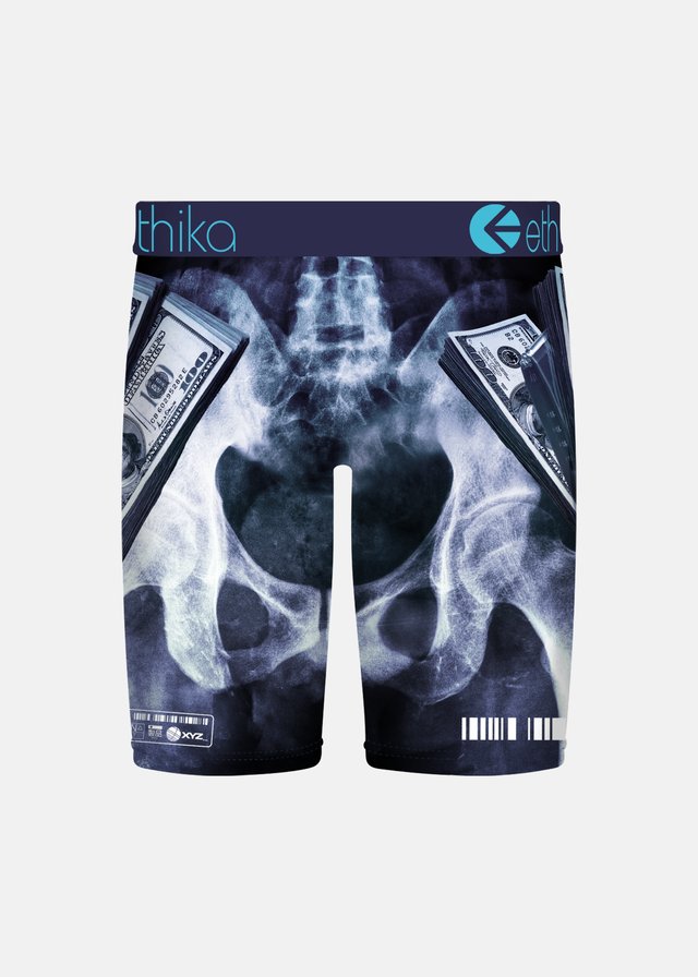 Ethika Boys Racks On Me Staple Boxers with x-ray image of pelvis and money from the back