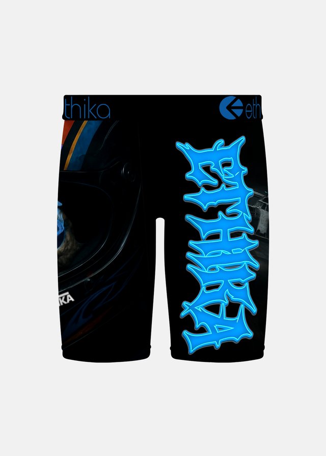 Ethika Boys Victory Lap Staple Boxers
 in black with blue ethika branding from the rear
