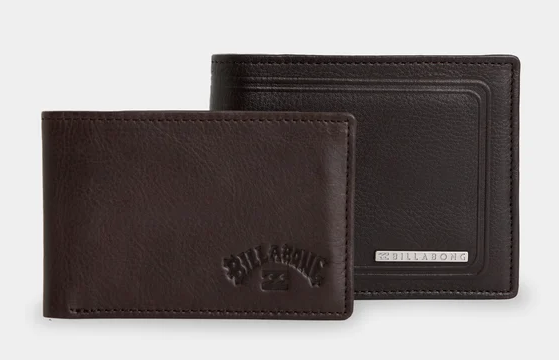 Billabong Scope 2 in 1 Leather Wallet in java showing main wallet and pull out