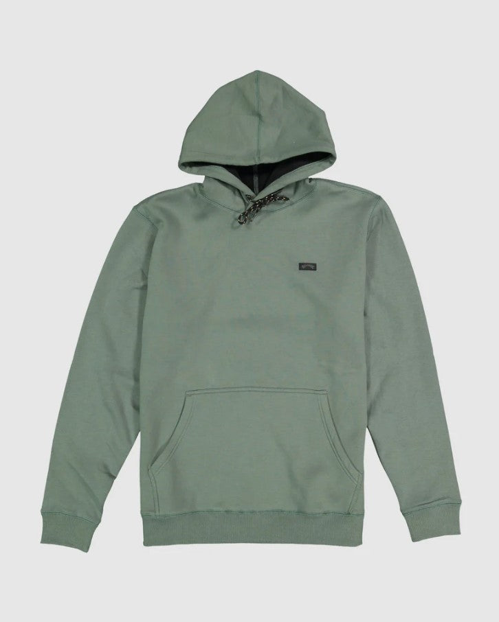 Billabong A/Div Shoreline Pullover Hoodie with drawing in hood, front pocket and billabong logo shown on top left 