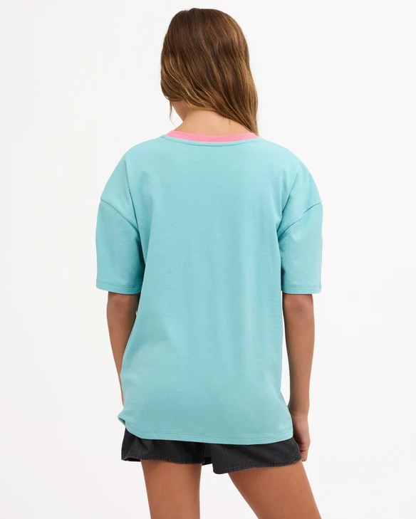 Billabong Billa Star Girl's (8-16) T-Shirt in misty blue colourway on model from the back