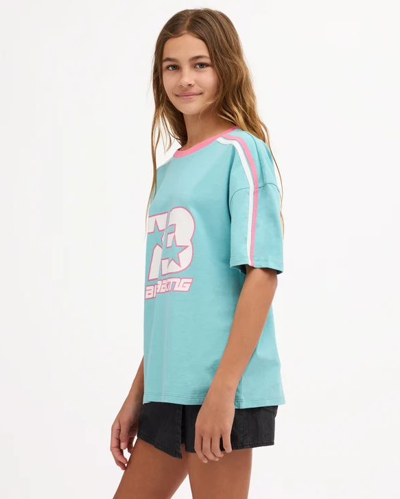 Billabong Billa Star Girl's (8-16) T-Shirt in misty blue colourway on model from the side