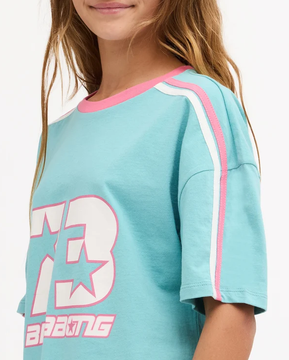 Billabong Billa Star Girl's (8-16) T-Shirt in misty blue colourway on model from the side close up