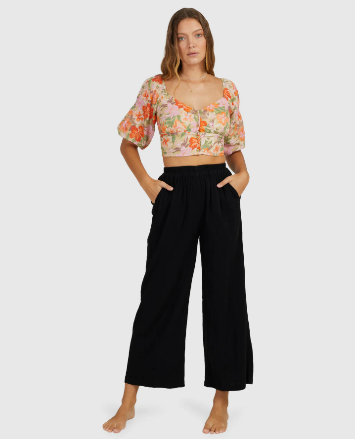 Billabong Follow Me Womens Pants in black on model in floral top