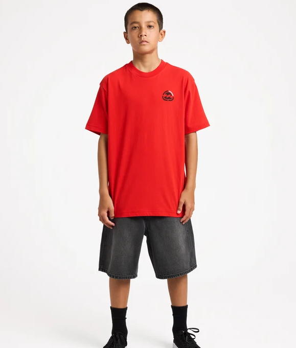 Billabong Spec 73 Boys (8-16) 19" Denim Shorts in black on model with red Billabong t-shirt on from the front