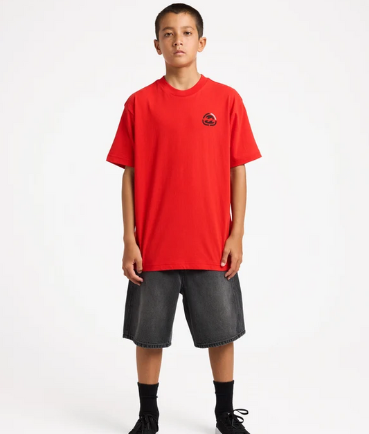 Billabong Spec 73 Boys (8-16) 19" Denim Shorts in black on model with red Billabong t-shirt on from the front