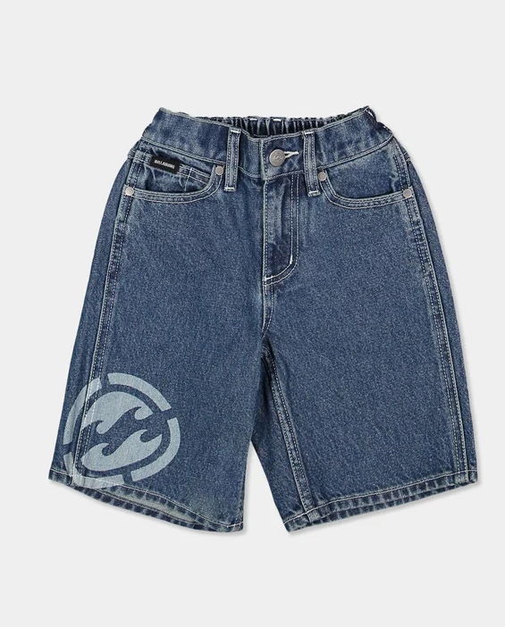 Billabong Spec 73 Groms (2-7) Denim Shorts in ocean wash blue colourway flatlay from the front