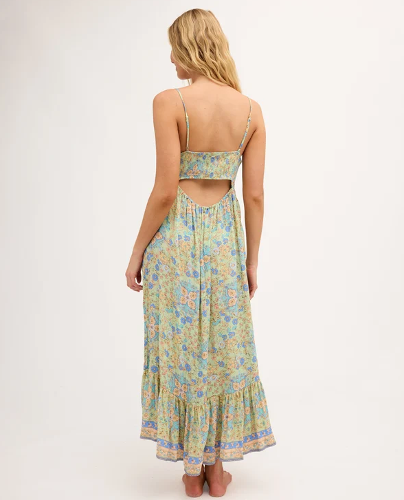 Billabong Sunset Nomad Midi Dress in multi colour floral on blonde model from the back