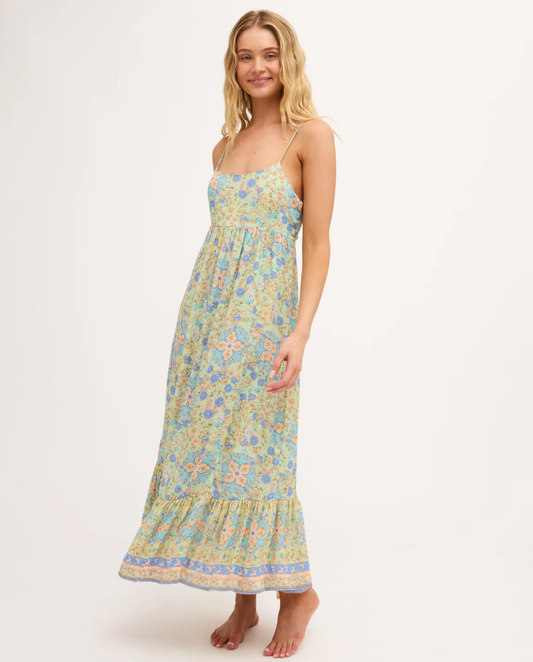 Billabong Sunset Nomad Midi Dress in multi colour floral on blonde model from the side