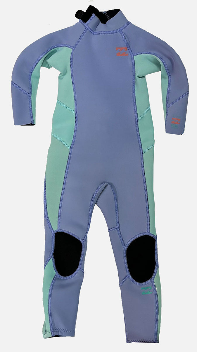 Billabong Toddler Foil 3/2mm FL Full Wetsuit in colour lavender and teal front view. 