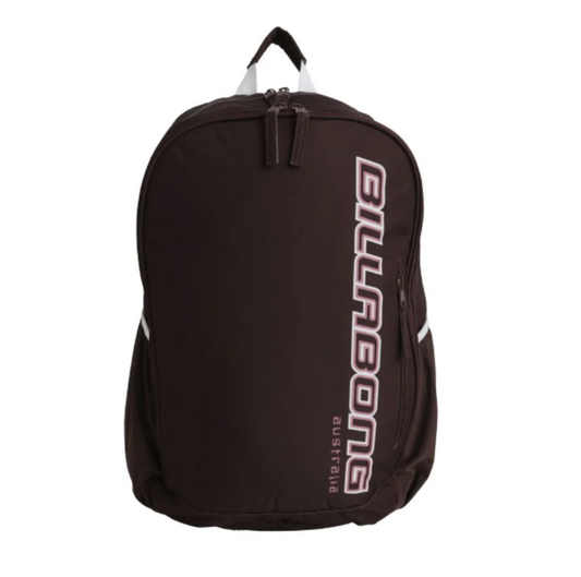 billabong kids packback in mocha brown with baby pink writing "Billabong australia" 
