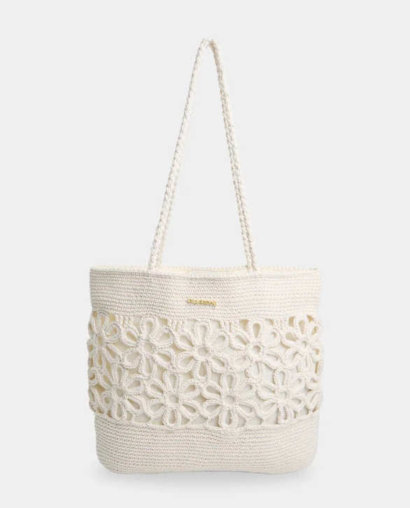 Billabong Wild Daisies Tote Bag in salt crystal white colourway from the front