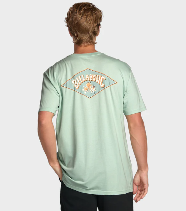 Billabong Diamond Arch Premium T-Shirt in seafoam colourway on model in black shorts from rear