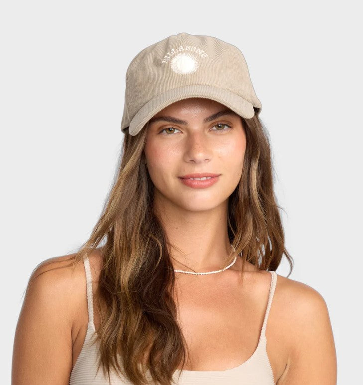 Billabong Cord Dad Cap in cobblestone colourway on model 