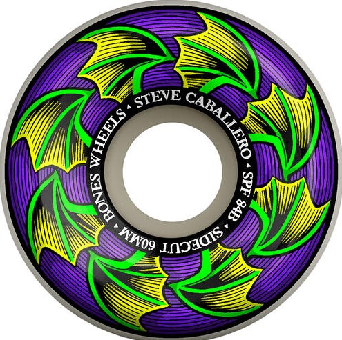 Bones SPF Caballero Bat Wings 84b 60mm Skate Wheels which is a purple wheel with green bat wing with yellow patagium, white based wheel