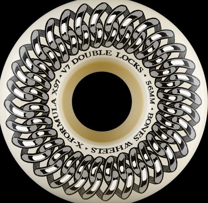 Bones X Fomula Double Lock V7 97a 56mm Skate Wheels with a chain image around the outside of the wqhie based wheel