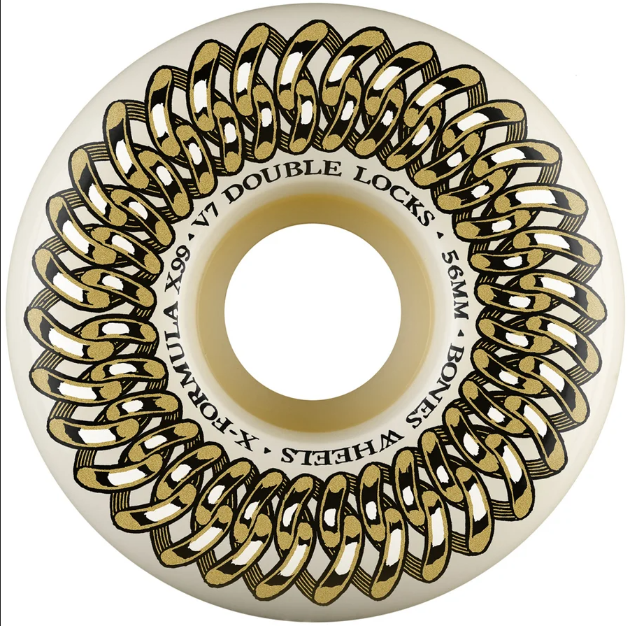Bones X-Formula Double Lock V7 99a 56mm Skateboard Wheels in white chain colour way front on white background