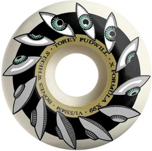 Green ufo eye ball pattern that goes around the wheele, pastal yellow gold ish for the core colour, thicker black secound layer, thid white outer layer of wheele 