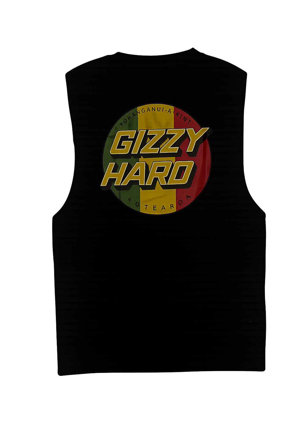 Gizzy Hard Giant Rasta Spots Muscle Tee in black with rasta logo from rear