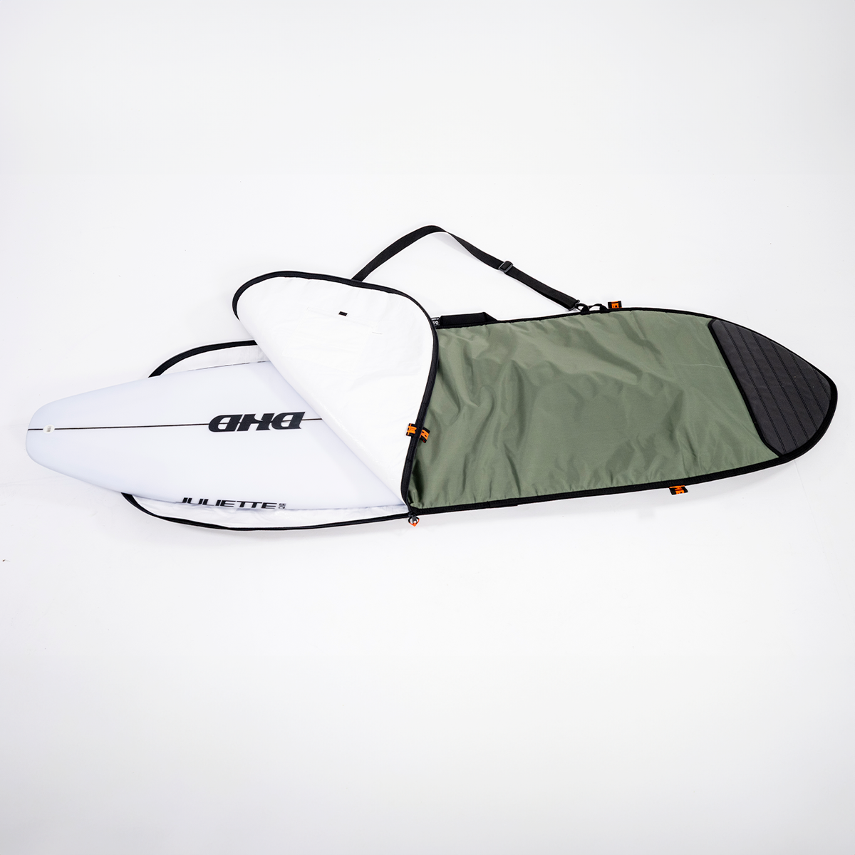 FCS Go-Light 6'3 Classic Fish Cover in alpine and black showing board going into it