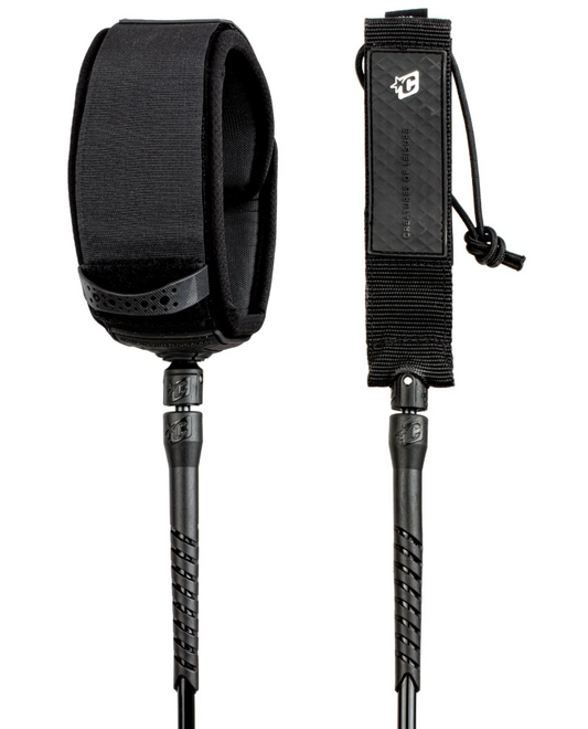 Creatures of Leisure 10' SUP Knee Leash (8mm) in black showing cuff and rail saver ends
