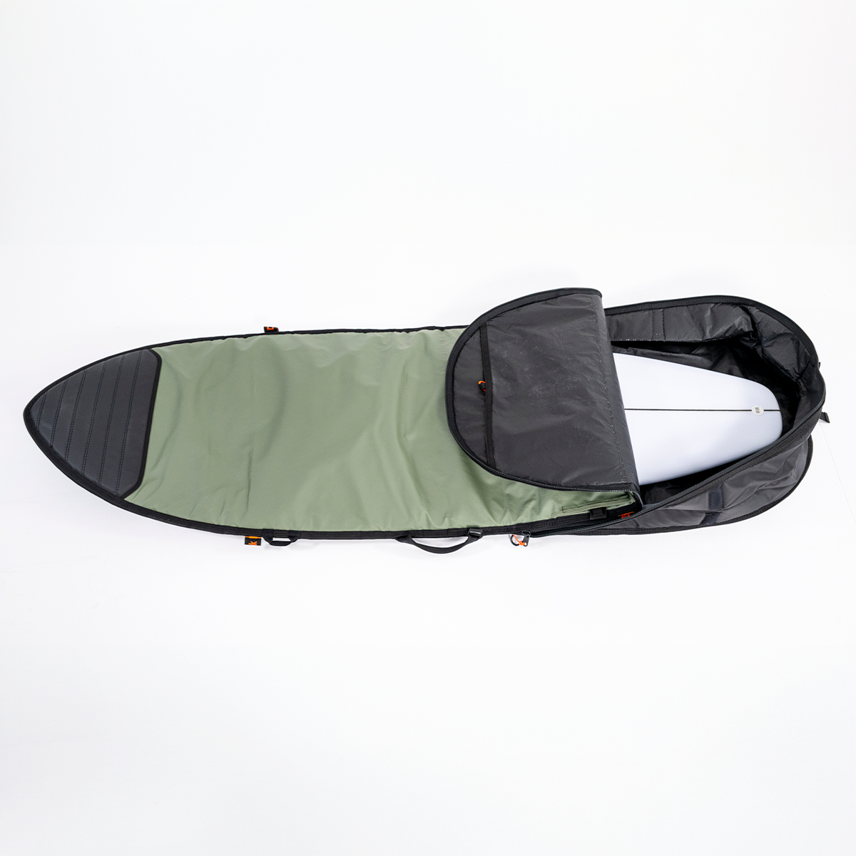 FCS 6'3 Go-Light Day Runner Shortboard Cover in alpine green with black showing open tail
