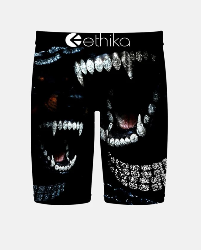 Ethika Sic Em Staple Boys Boxers in black with dogs teeth details from the front