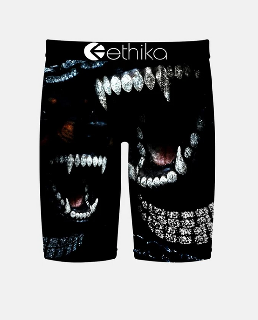 Ethika Sic Em Staple Boys Boxers in black with dogs teeth details from the front