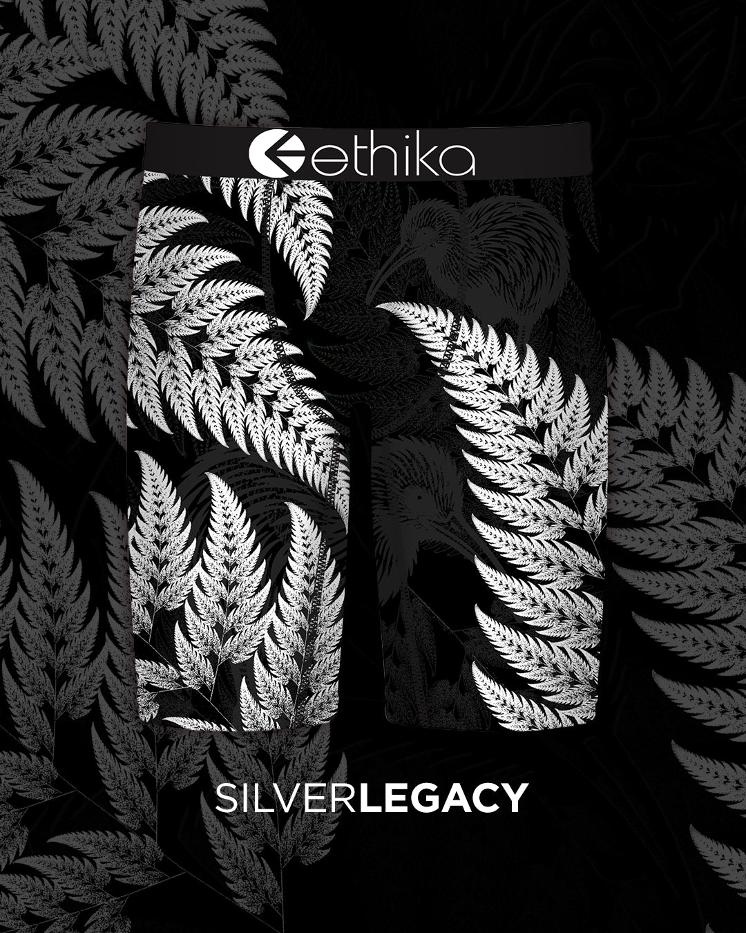 Ethika Mens Silver Legacy Staple Boxers with silver fern design from front