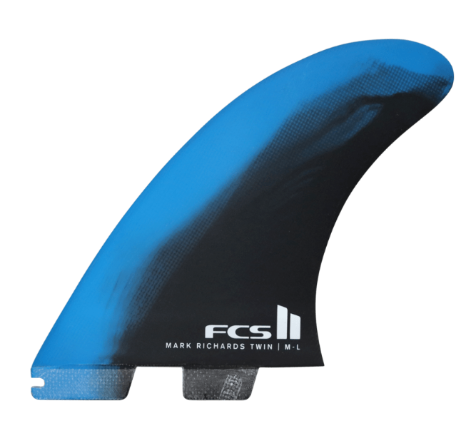 FCS II MR PC Twin + 1 Fin Set
 in blue black colourway showing left fin from outside