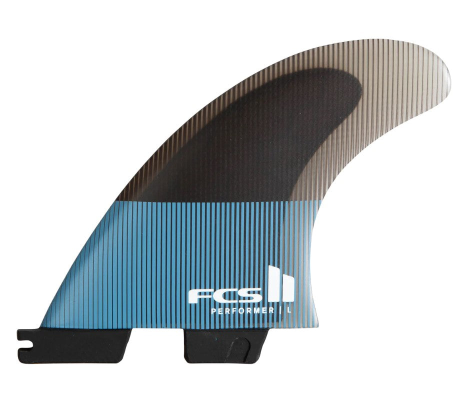 FCS II Performer PC Large Tri Fin Set showing one fin in black. clear and tranquil blue colours