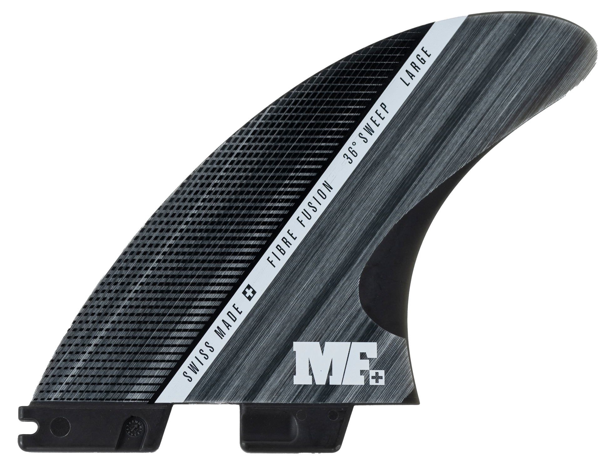 FCS II Mick Fanning Glass Fibre Fusion Large Tri Surfboard Fin Set in smoke and white colourway showing inside of fin