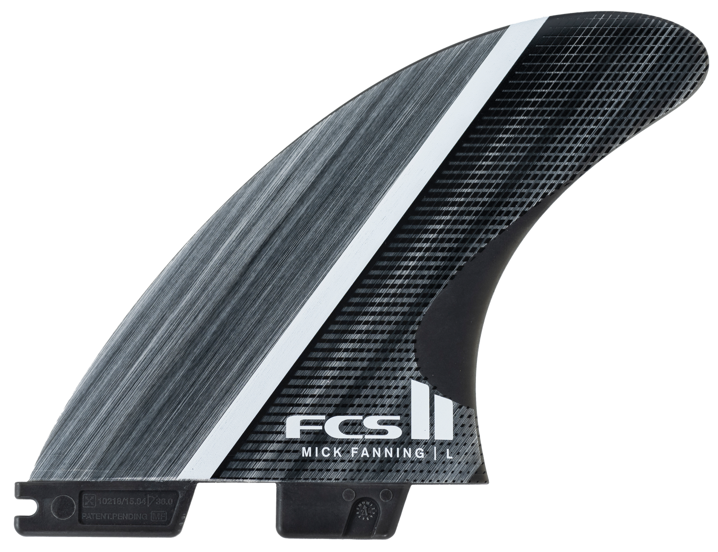 FCS II Mick Fanning Glass Fibre Fusion Large Tri Surfboard Fin Set in smoke and white colourway showing side fin