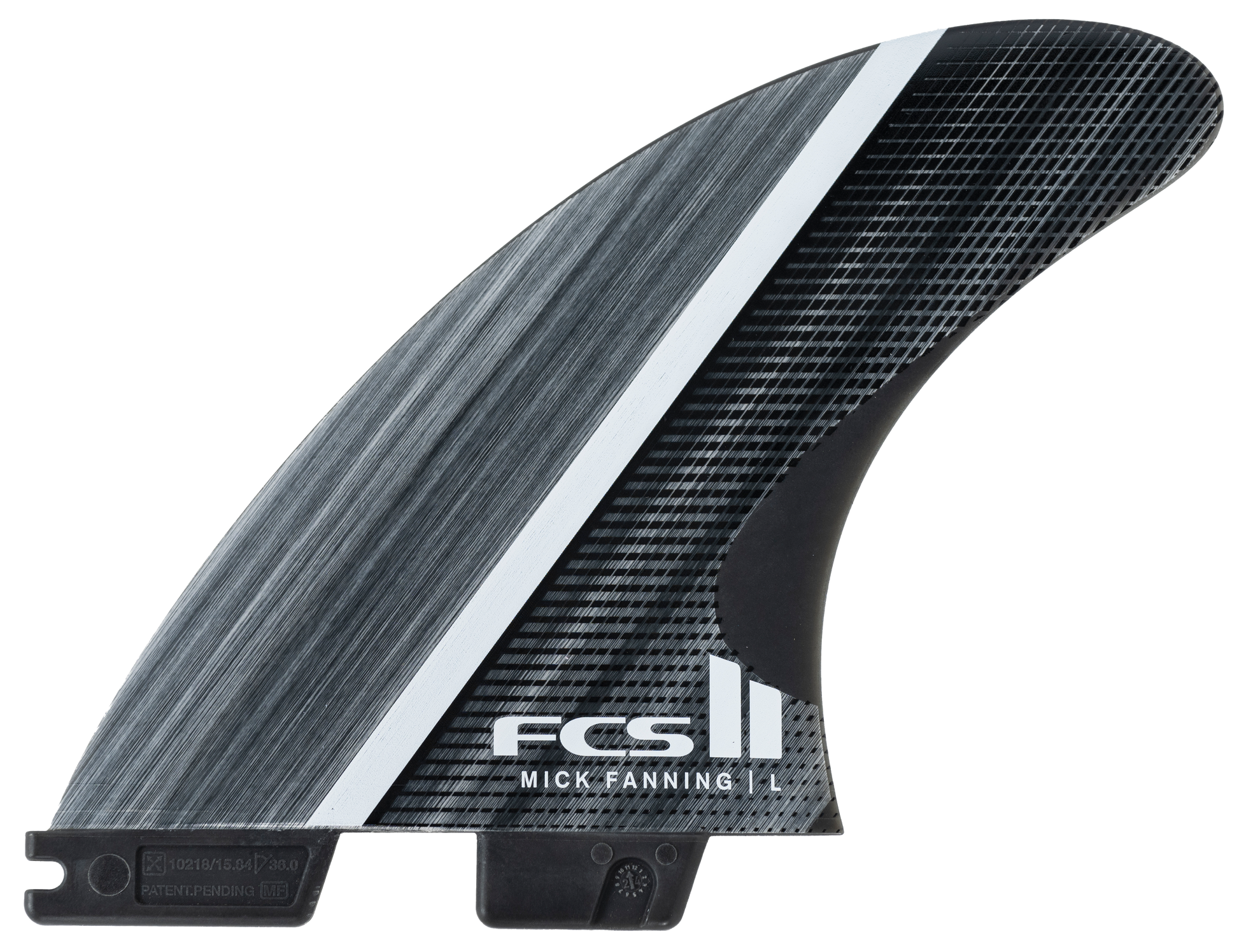 FCS II Mick Fanning Glass Fibre Fusion Large Tri Surfboard Fin Set in smoke and white colourway showing side fin