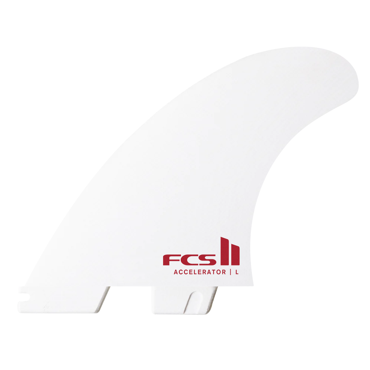 FCS II Accelerator PC Surfboard Tri Fins - Medium white edition showing front side fin from outside