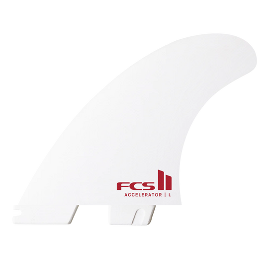 FCS II Accelerator PC Surfboard Tri Fins - Medium white edition showing front side fin from outside