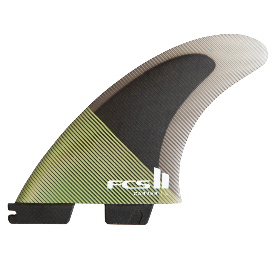 FCS II Carver PC Tri Surfboard Fin in ecylptus colour way on white background
