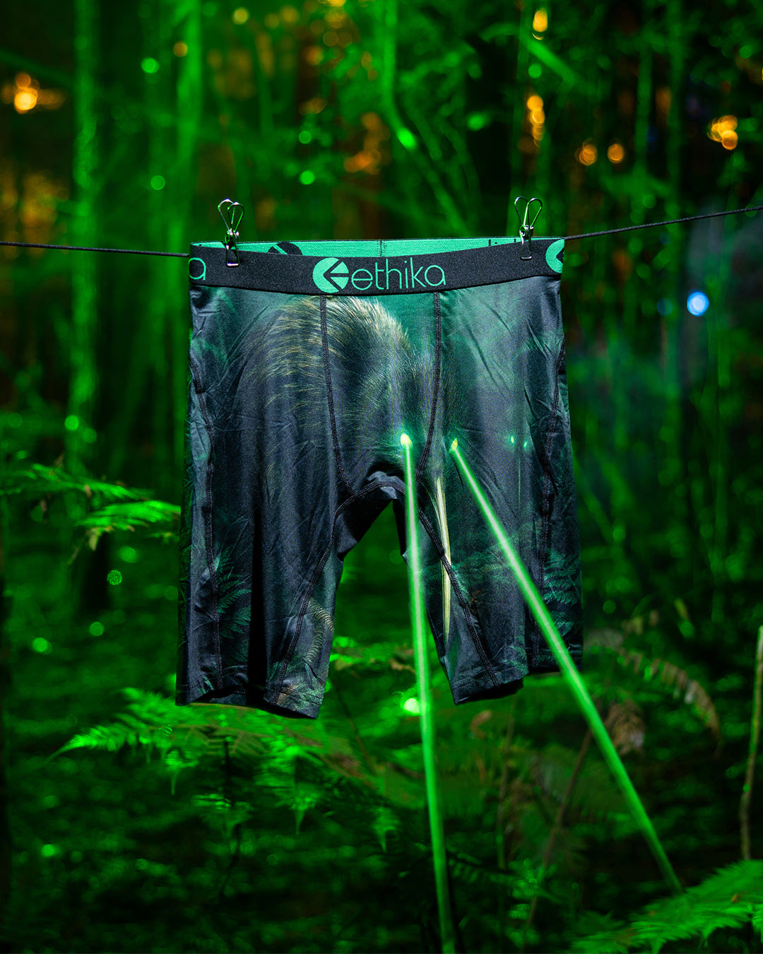 Ethika Mens Fern Phantom Staple Boxers with Kiwi on front and lazer eyes shooting green light