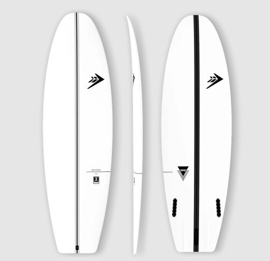 Firewire 5'8 Neutrino Ibolic Surfboard showing deck, side and bottom views
