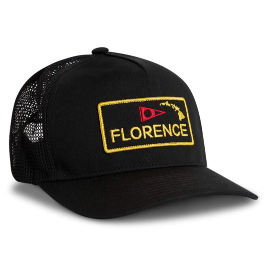 Florence Marine X Island Trucker Cap, netted back with yellow log and red flag emblem embroidered