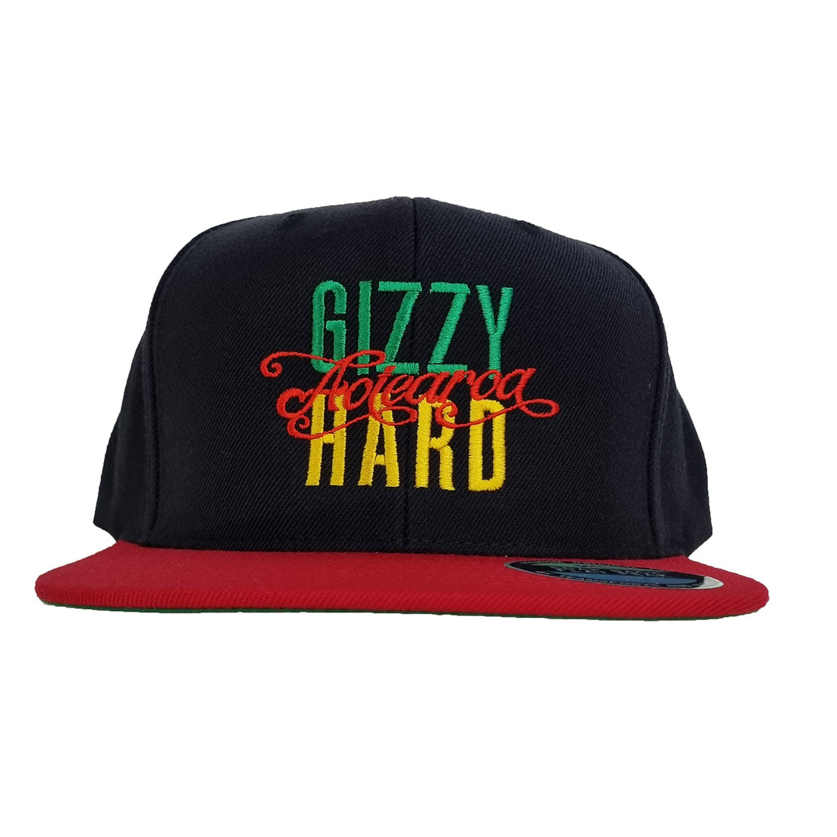 Gizzy Hard Aotearoa Flexfit Flat Peak SB Cap black with red peak and rasta logo