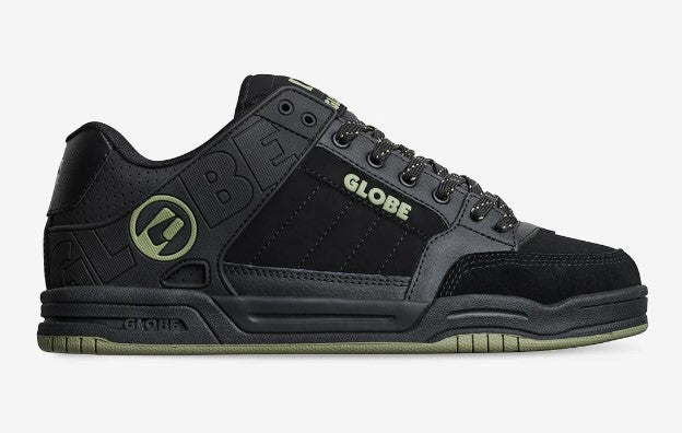 Globe Tilt shoes in black with olive colourway