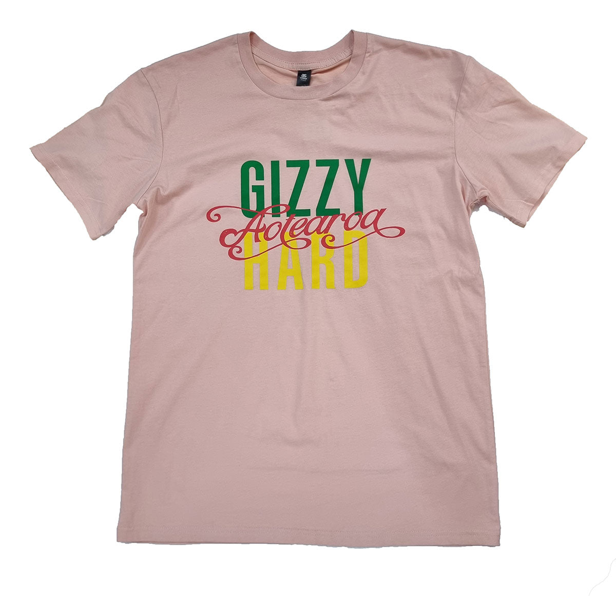 Gizzy Hard Aotearoa Mens Tee in pale pink with rasta print