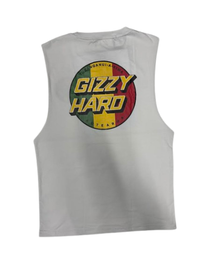 Gizzy Hard Giant Rasta Spots Muscle Tee in white with giant rasta logo from rear