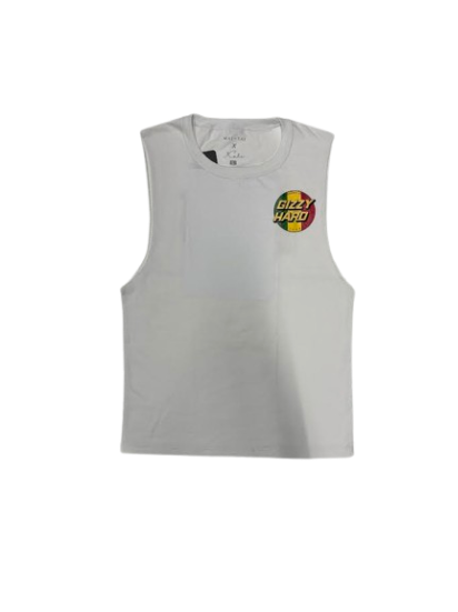 Gizzy Hard Giant Rasta Spots Muscle Tee in white with rasta logo from front