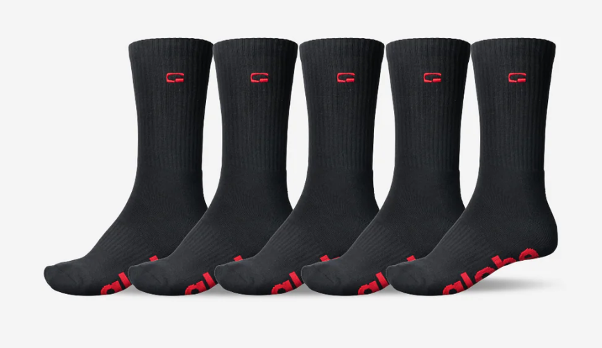 Globe OG Logo Men's Hi Crew Socks - 5 Pack in black with red logos